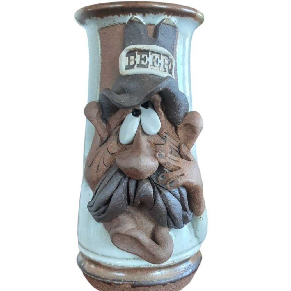 Vintage Funny Face 3D Stoneware Mug Beer Stein. Cowboy Hat Mahon. Signed